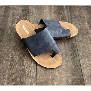 Muk Luks Womens Back About Face Slide Sandals Dark Blue Faux Leather Toe Wrap 8
